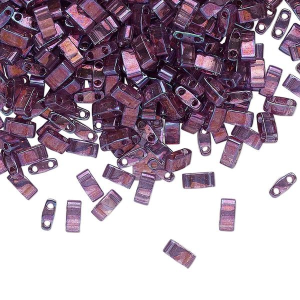Seed bead, TILA®, glass, pkg/250g, 5x2.3mm half tila rectangle, translucent gold luster light amethyst, (HTL-316). image number 0