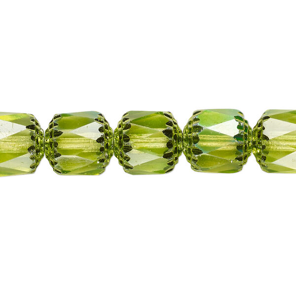 Bead, Czech dipped décor glass, lime green Apollo AB, 10mm round cathedral. Sold per 15-1/2" to 16" strand. image number 0