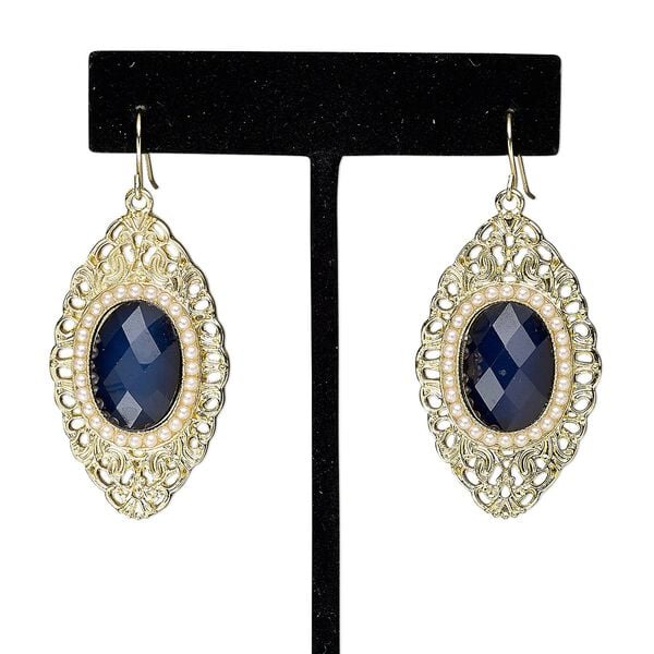 Earring, acrylic / acrylic pearl / gold-finished steel / "pewter" (zinc-based alloy), lapis blue and white, 2 inches with marquise and fishhook ear wire. Sold per pair. image number 0