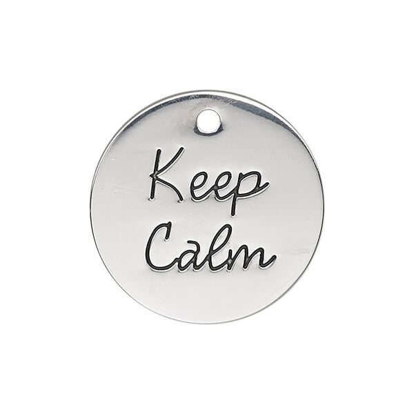 Charm, antique silver-finished "pewter" (zinc-based alloy), 25mm single-sided flat round with "Keep Calm." Sold individually. image number 0
