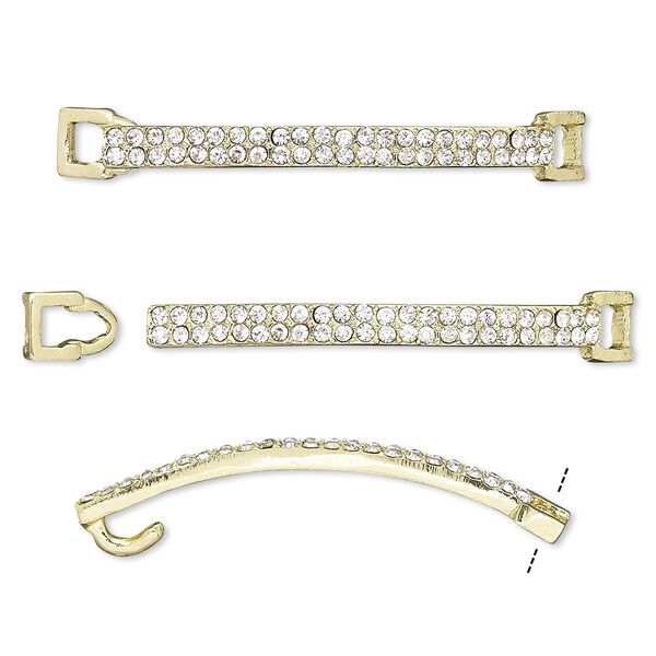 Clasp, hook-and-eye, glass rhinestone and gold-finished "pewter" (zinc-based alloy), clear, 46x6mm single-sided curved rectangle, 3.5x2.5mm inside diameter. Sold per 2-piece set. image number 0