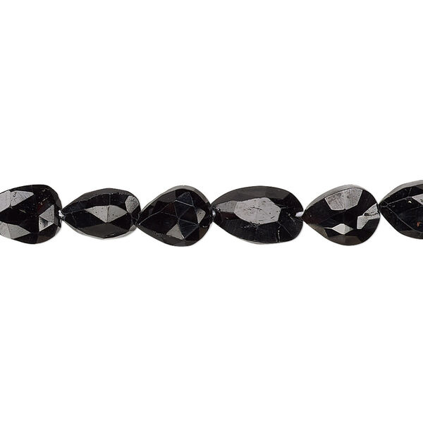 Bead, black tourmaline (natural), 7x6mm-10x7mm hand-cut faceted puffed teardrop, B grade, Mohs hardness 7 to 7-1/2. Sold per 8-inch strand. image number 0