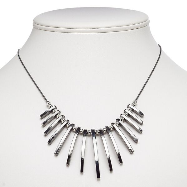 Necklace, silver-coated plastic / gunmetal-plated brass / steel / "pewter" (zinc-based alloy), 17x2mm-49x3mm graduated fan, 18 inches with 3-inch extender chain and lobster claw clasp. Sold individually. image number 0