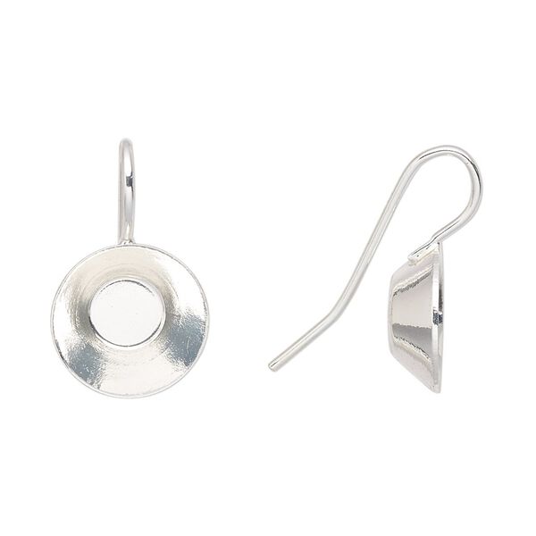 Ear wire fishhook 1pkg10 Almost Instant Jewelry®, 21.5mm / 12mm vision round glue-in setting, 19 gauge silver-finished brass 5 pair image number 0