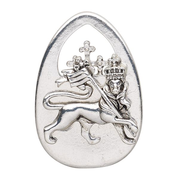 Focal, antique silver-finished "pewter" (zinc-based alloy), 44x30mm single-sided teardrop with lion and crown with scepter. Sold per pkg of 2. image number 0