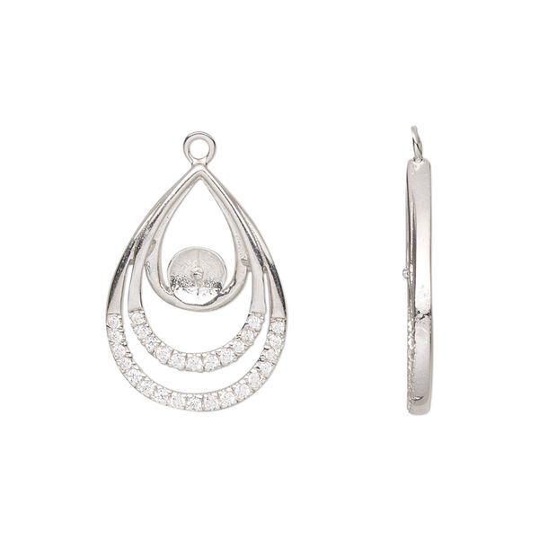 Drop, rhodium-plated sterling silver and cubic zirconia, clear, 20.5x15mm teardrop with 4.5mm cup and 1mm peg, fits 6mm half-drilled bead. Sold individually. image number 0