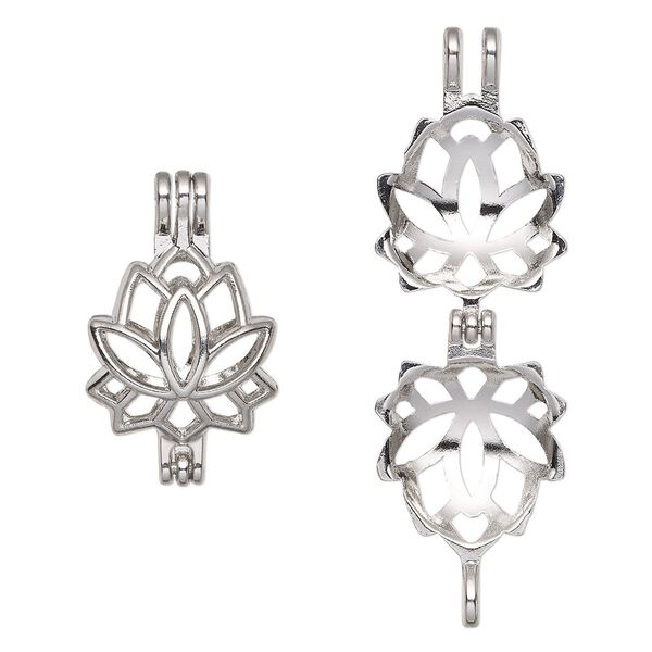 Pendant, imitation rhodium-finished "pewter" (zinc-based alloy), 26.5x16mm double-sided lotus bead cage with 12mm rivoli setting, fits up to 8mm bead. Sold individually. image number 0