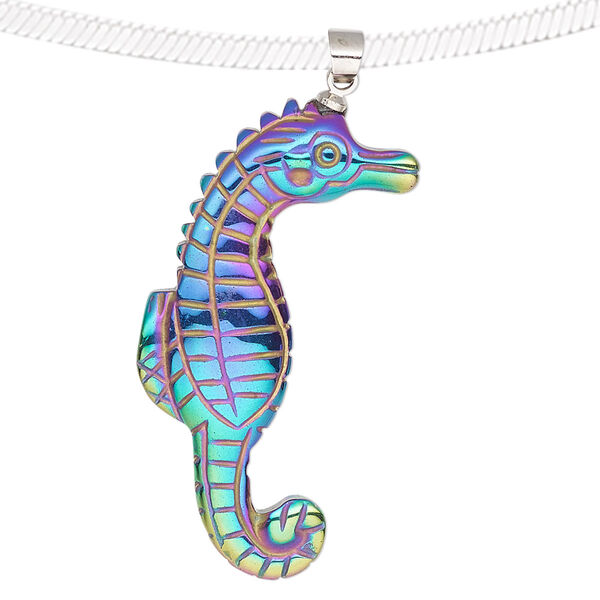 Hemalyke™ / brass 1pkg1, electroplated silver-finished 1-sided seahorse pendant 40x22mm image number 0