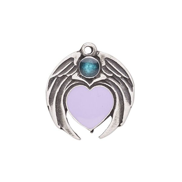Charm, enamel and antiqued "pewter" (zinc-based alloy), blue and purple, 24x22mm wing and heart. Sold individually. image number 0