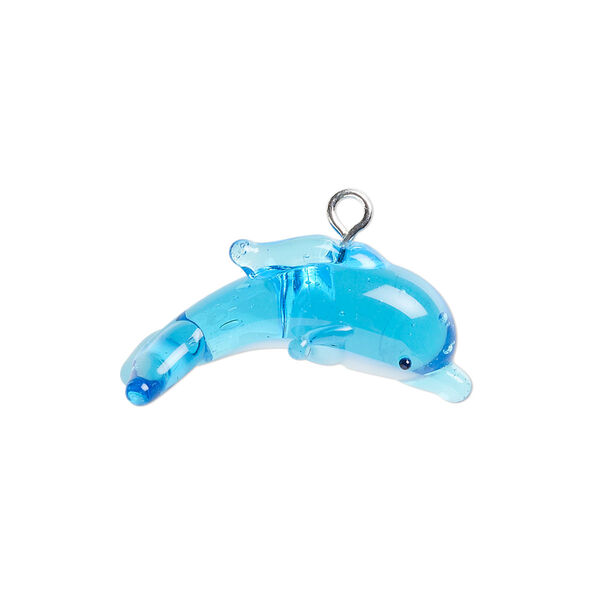 Drop, lampworked glass and silver-plated brass, blue / white / black, 24x13mm dolphin. Sold individually. image number 0