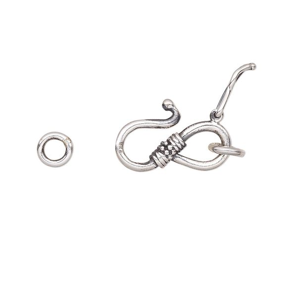 Clasp, S-hook, antiqued sterling silver, 14.5x8.5mm with rope and line design with safety latch and (2) 4.5mm closed jump rings. Sold individually. image number 0