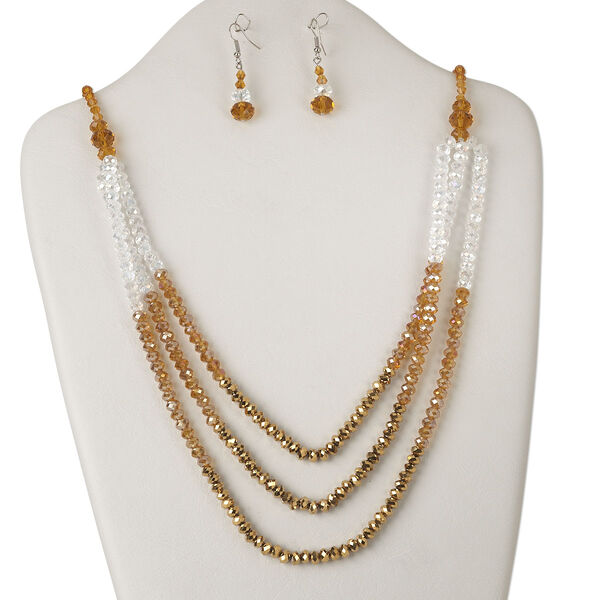 Necklace and earring set, glass and silver-finished steel, clear AB and topaz brown with multi-finish, rondelle and bicone, 30-inch continuous loop, 43x10mm earrings with fishhook ear wire. Sold per set. image number 0