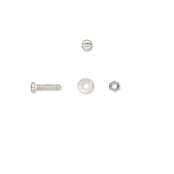 Micro hardware, silver-plated brass, 2.5x1.5mm nut / 4x0.5mm washer / 1/4 inch screw with 1.6mm thread diameter. Sold per pkg of 30. image number 0
