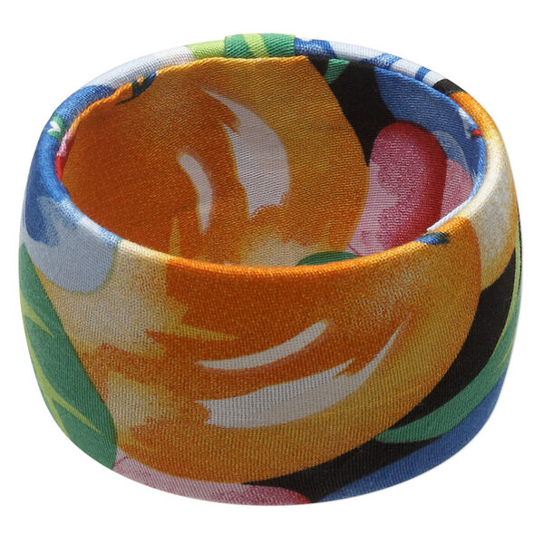 Bracelet, bangle, acrylic and cotton, multicolored, 44mm wide with floral design, 8 inches. Sold individually. image number 0