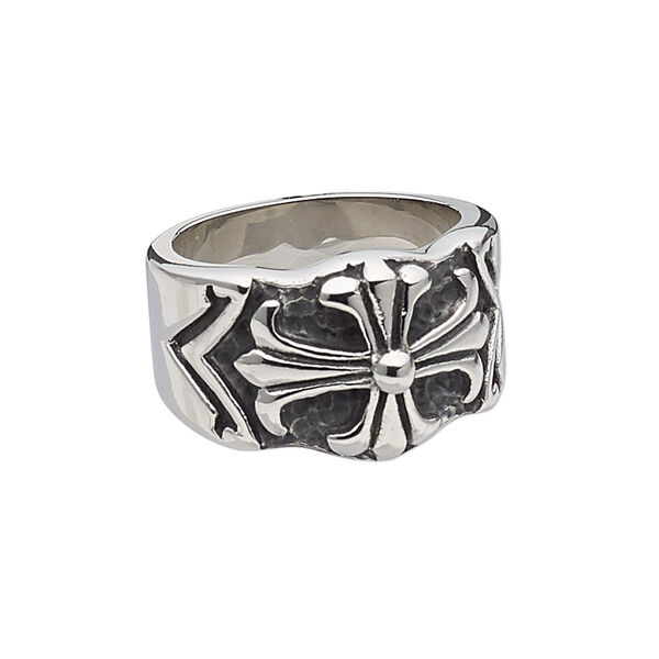 Ring, antiqued stainless steel, 15mm wide with cross, size 9. Sold individually. image number 0