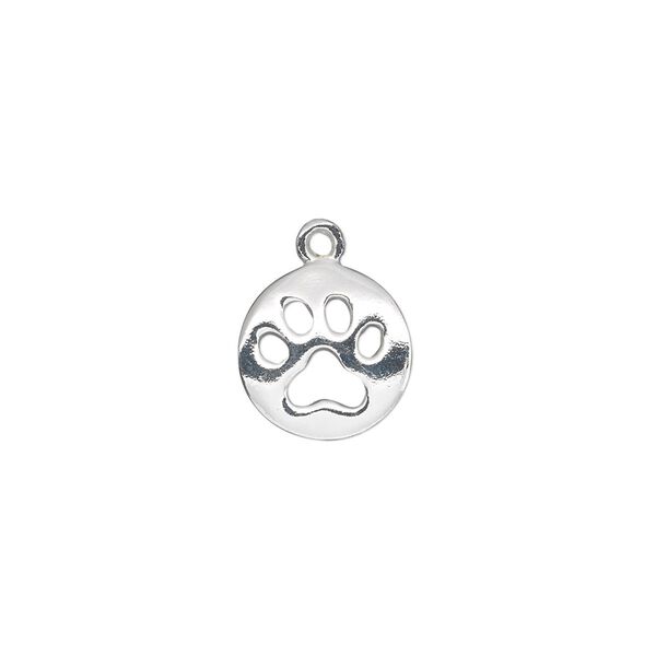 Charm, sterling silver, 12mm single-sided flat round with dog paw cutout. Sold individually. image number 0