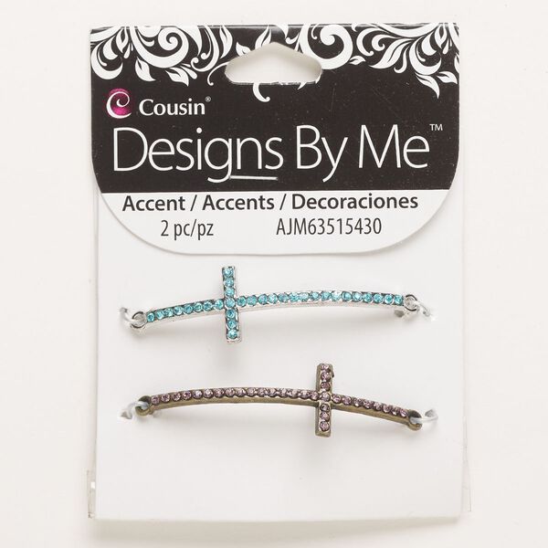 Focal assortment, "pewter" (zinc-based alloy) and glass, pkg/2, antique silver finish antique / brass finish / multicolored, 50x15mm curved cross. image number 0