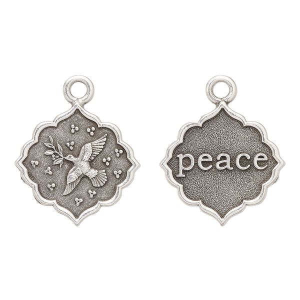 Drop, TierraCast®, antique silver-plated pewter, 24.5mm 2-sided scalloped diamond with dove and "peace." Sold individually. image number 0