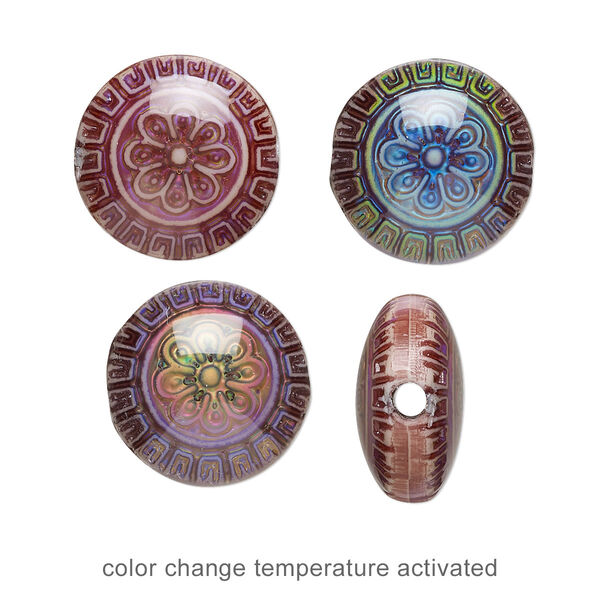 Bead, acrylic, multicolored, 16mm color-changing puffed flat round with fancy design. Sold per pkg of 4. image number 0