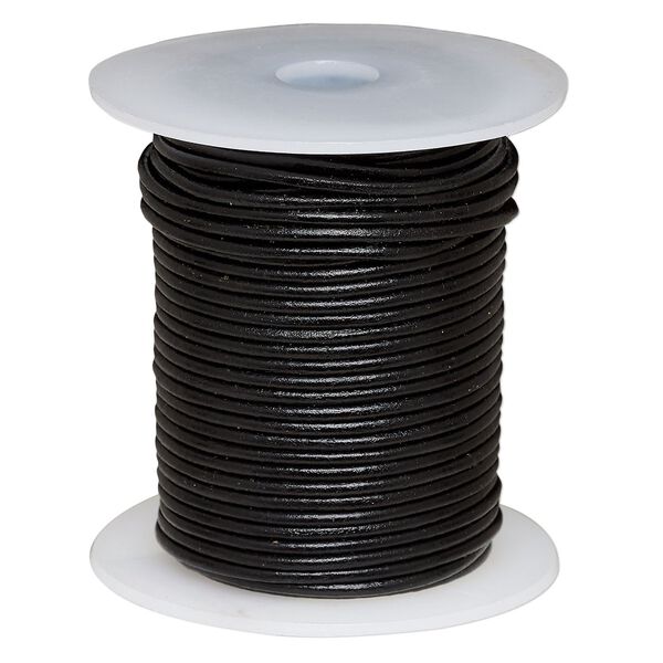 Cord, leather (dyed), black, 2mm round. Sold per 25-yard spool. image number 0