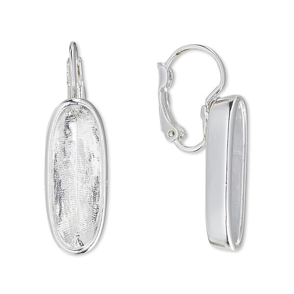 Ear wire leverback 1pkg2 Almost instant jewelry® silver-plated "pewter" (zinc-based alloy), 31mm / 21x7mm long classical oval glue-in setting, brass 1 pair image number 0
