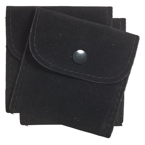 Pouch, velveteen and plastic, black, 3-inch square with snap closure. Sold per pkg of 6. image number 0