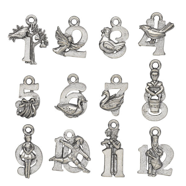 Charm, antiqued pewter (tin-based alloy), assorted double-sided Twelve Days of Christmas theme. Sold per 12-piece set. image number 0