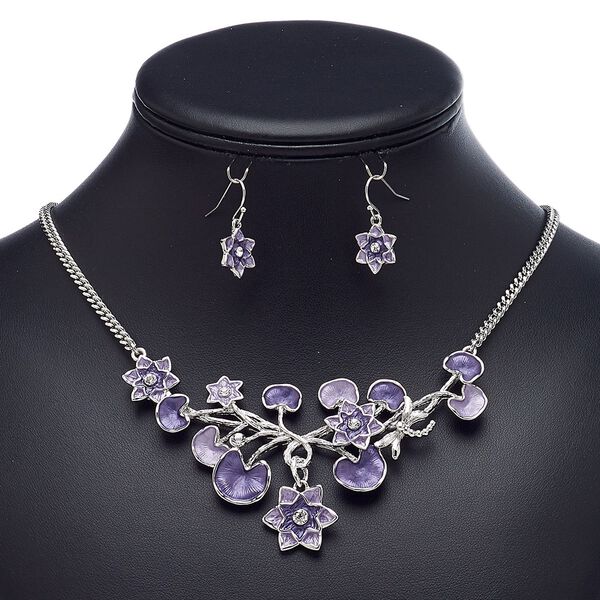 Necklace and earring set, enamel / glass rhinestone / imitation rhodium-plated brass / steel / "pewter" (zinc-based alloy), purple / lavender / clear, lotus, 18-inch necklace with 2-inch extender chain and lobster claw clasp, 26mm earrings with fishhook ear wire. Sold per set. image number 0