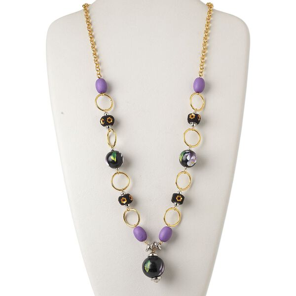 Necklace, polymer clay / acrylic / glass / painted wood / gold-finished steel / gold-coated plastic, multicolored, 23mm round with flower and leaf design, 27 inches with 1-1/2 inch extender chain and lobster claw clasp. Sold individually. image number 0