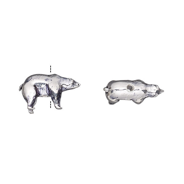 Bead, antique silver-plated brass, 14.5x9mm vertically-drilled 3D bear. Sold individually. image number 0
