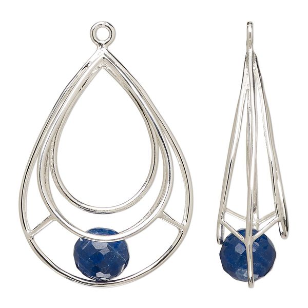 Focal, sterling silver and lapis lazuli (natural), 32x25mm open teardrop with 9mm hand-cut faceted round, B grade, Mohs hardness 5-6. Sold individually. image number 0