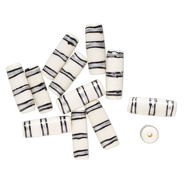 Bead, bone (dyed), white / black / silver, 25x9mm-24x7mm hand-painted tube with line design. Sold per pkg of 12. image number 0