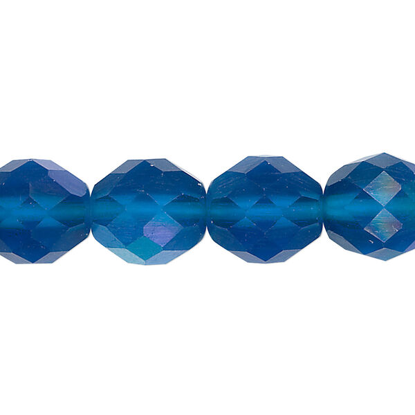 Bead, Czech fire-polished glass, pkg/15-1/2 to 16 inches, 12mm faceted round, translucent matte blue AB, (60080-28771). image number 0