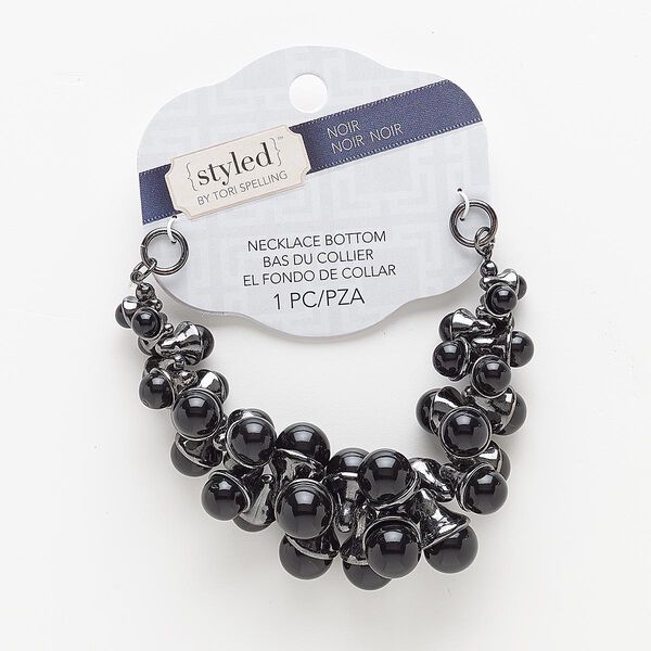 Necklace component, acrylic with gunmetal-finished steel and "pewter" (zinc-based alloy), black, 11x7mm-18x12mm graduated teardrop, 6 inches. Sold individually. image number 0