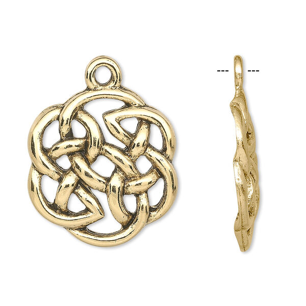 Drop, antique gold-plated pewter (tin-based alloy), 22x21mm Celtic knot. Sold per pkg of 2. image number 0