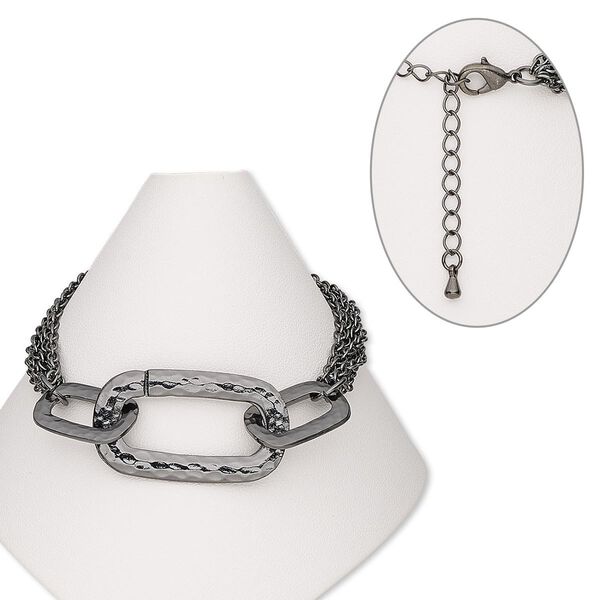 Bracelet, gunmetal-finished "pewter" (zinc-based alloy) / steel / brass, 36x21mm textured link, 7 inches with 2-1/2 inch extender chain and lobster claw clasp. Sold individually. image number 0