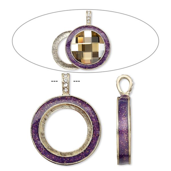 Pendant, Almost Instant Jewelry®, epoxy / crystals / gold-finished "pewter" (zinc-based alloy), amethyst purple and crystal clear with glitter, 45x35mm single-sided with 30mm round setting. Sold individually. image number 0