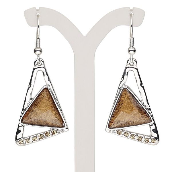 Earring, resin / glass rhinestone / imitation rhodium-plated brass / "pewter" (zinc-based alloy), brown and light brown, 2 inches with triangle and fishhook ear wire. Sold per pair. image number 0