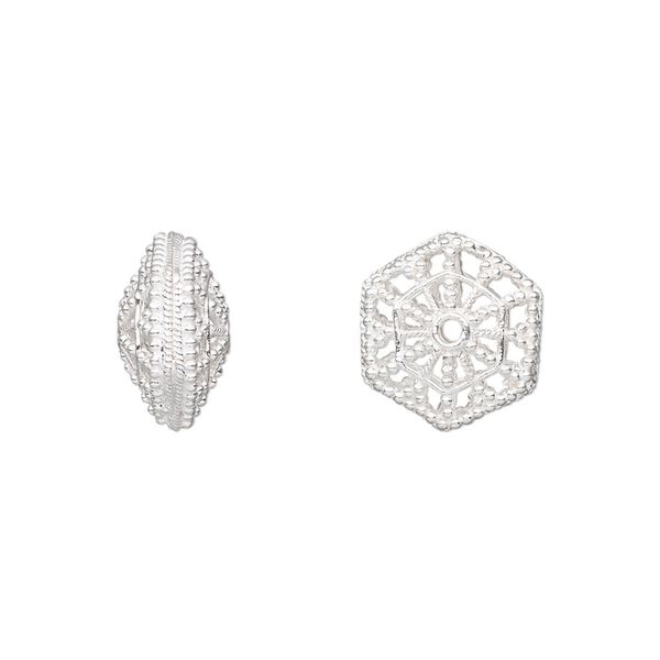Bead, sterling silver, 13x12mm fancy hexagon. Sold individually. image number 0