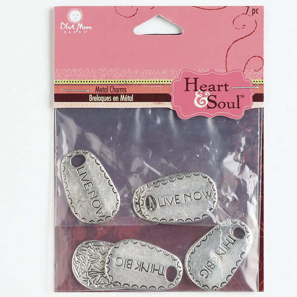 Drop mix, antique silver-finished "pewter" (zinc-based alloy), 26x16mm double-sided teardrop with (3) "LIVE NOW" and (4) "THINK BIG" with floral design on back. Sold per pkg of 7. image number 0