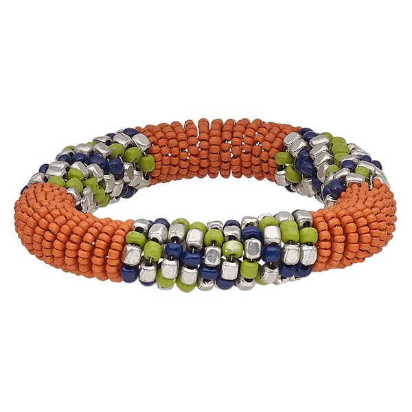Bracelet, glass / steel memory wire / silver-plated steel, orange / blue / green, 15mm wide, 7-inch adjustable. Sold individually. image number 0