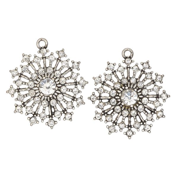 Charm, antique silver-finished "pewter" (zinc-based alloy) and glass, clear, 27mm single-sided snowflake. Sold per pkg of 2. image number 0