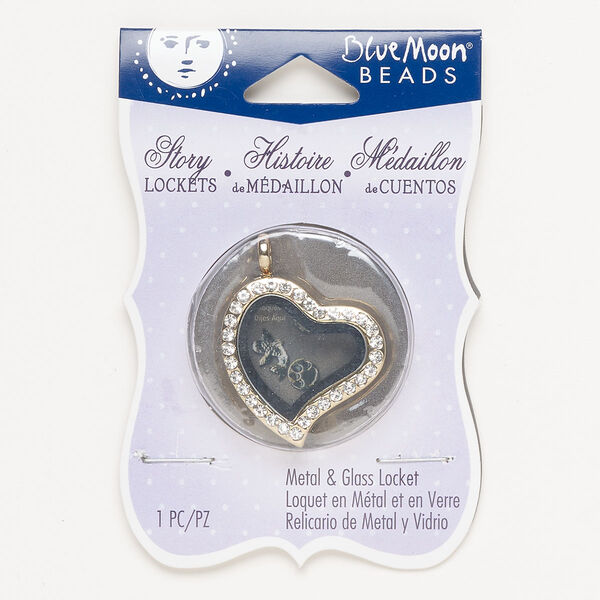 Pendant, rose gold-finished brass and glass, clear, 32x29mm heart locket with magnetic closure. Sold individually. image number 0