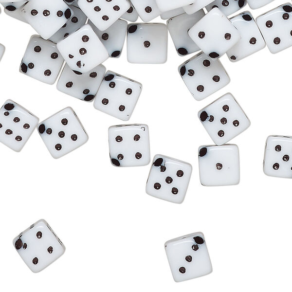 Bead, acrylic, opaque white and black, 6mm diagonally drilled six-sided dice, approximately 8mm stringing length. Sold per pkg of 200. image number 0
