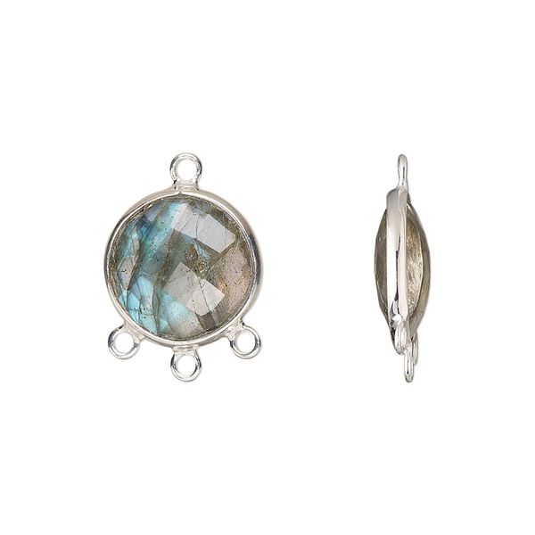 Drop, sterling silver and labradorite (natural), 14mm hand-cut double-sided faceted puffed flat round with 3 closed loops, Mohs hardness 6 to 6-1/2. Sold individually. image number 0
