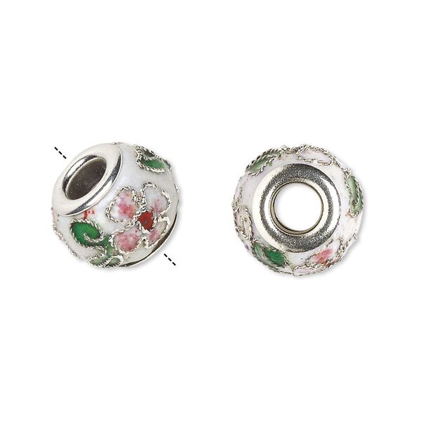 Bead, Dione®, cloisonné, enamel and silver-plated brass grommets, white / pink / green, 14x10mm rondelle with flower and leaves design. Sold per pkg of 4. image number 0