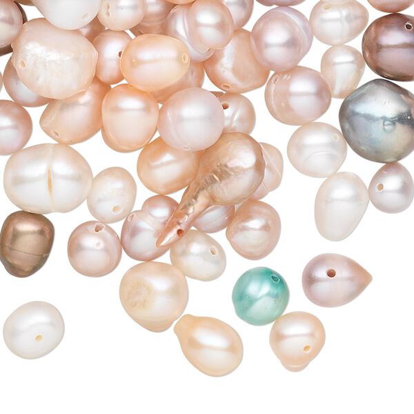 Pearl mix, cultured freshwater (dyed / bleached), mixed colors, 4mm-41x16mm mixed shape, D grade, Mohs hardness 2-1/2 to 4. Sold per 1/4 pound pkg, approximately 140-260 beads. image number 0