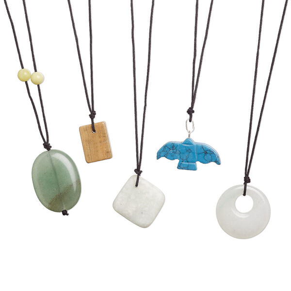 Multi-gemstone / nylon / glass 1pkg5, mixed shape necklace 28 inch / tie closure mix 18x13-28x27mm image number 0