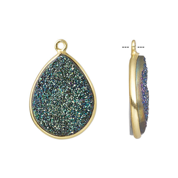 Druzy agate / sterling silver 1pkg1, electrocoated gold finished hand-cut flat teardrop drop 21x16mm-22x17mm image number 0