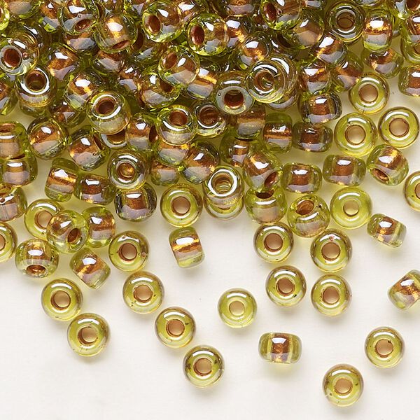 Seed bead, Miyuki, glass, pkg/250g, #6 rocaille, opaque copper pearl-lined chartreuse, (RR-3805). image number 0